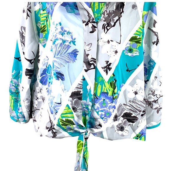 Adrienne Vittadini L Top Blouse Peasant Boho Floral Blue Button Tie Front - Picture 5 of 13